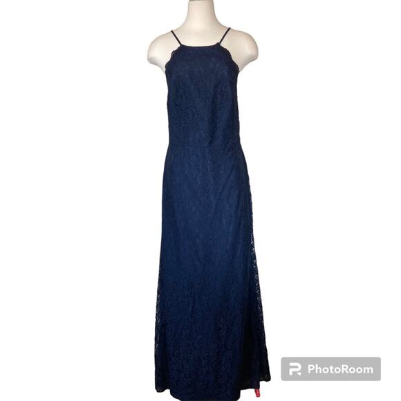 Dessy Collection NWT Halter Cross Back Lace Trumpet Midnight Dress Size 14 - Picture 3 of 8